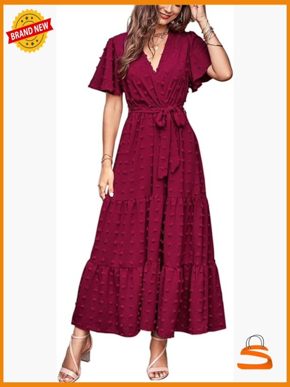 Swiss Dot Maxi Dress Wrap V-Neck Flutter Sleeve Boho Flowy Long Wedding Guest